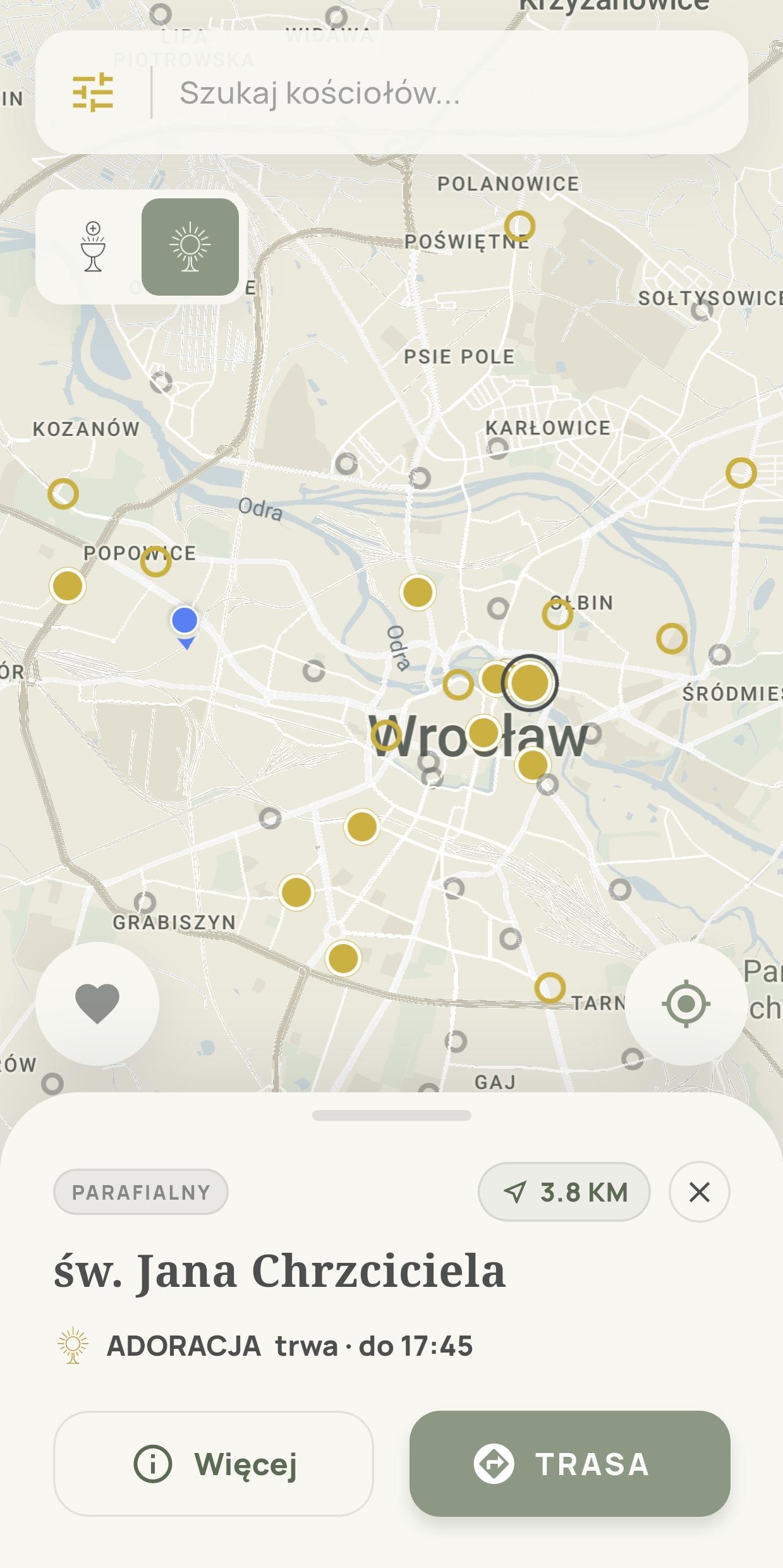 Mapa adoracji z wybranym kościołem i godziną zakończenia trwającej adoracji