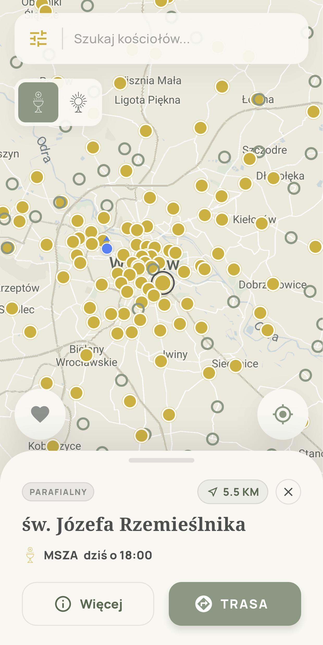 Mapa Mszy z wybranym kościołem i godziną najbliższej Mszy