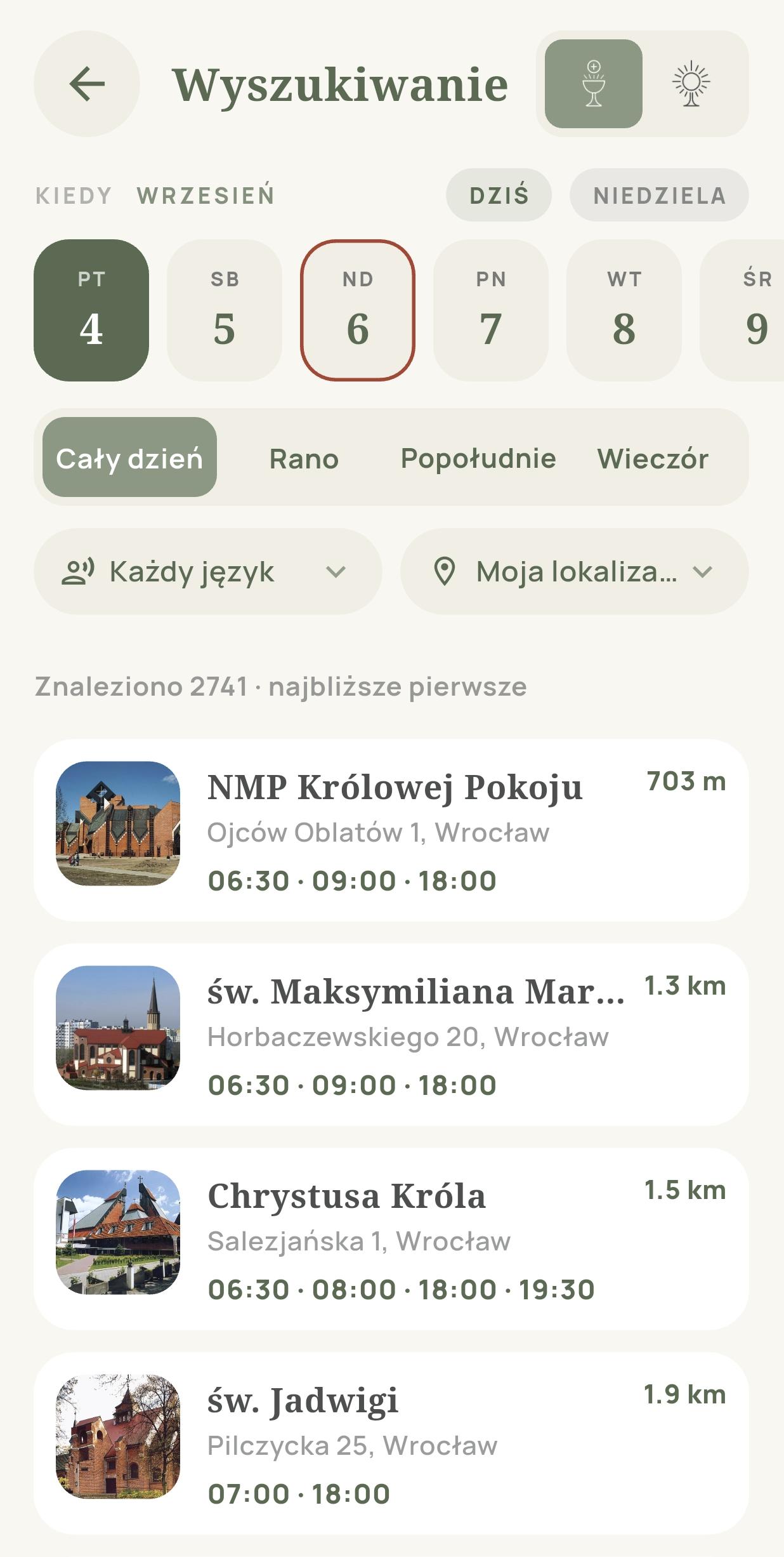 Wyszukiwanie Mszy według dnia, pory i języka